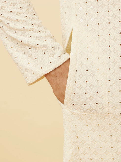 Manyavar Soft White Floral Sequin Embroidered Kurta Set