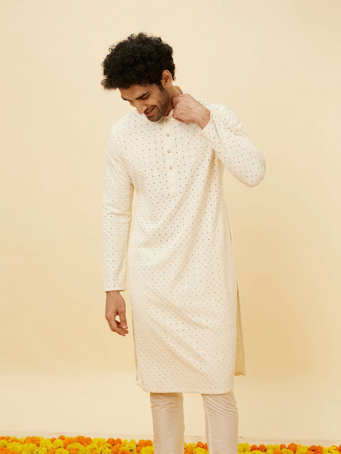 Manyavar Soft White Floral Sequin Embroidered Kurta Set