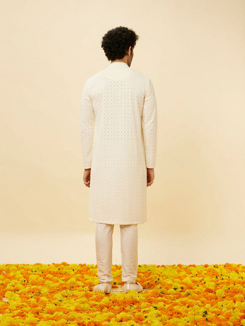 Manyavar Soft White Floral Sequin Embroidered Kurta Set