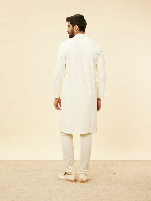 Manyavar Soft White Chikankari Embroidered Sequined Kurta Set
