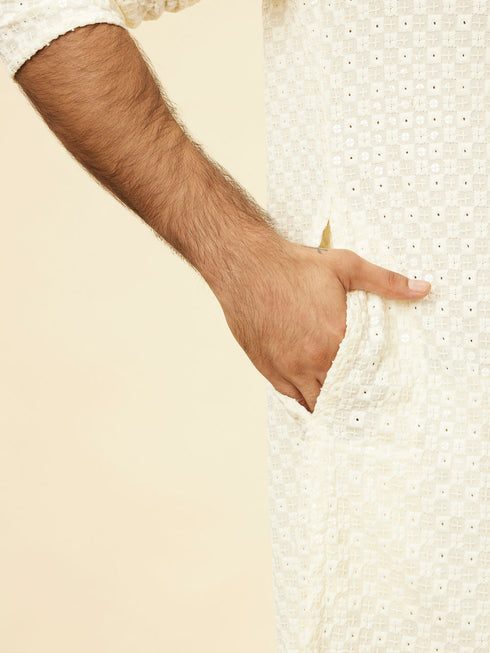 Manyavar Soft White Chikankari Embroidered Sequined Kurta Set