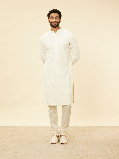 Manyavar Soft White Chikankari Embroidered Sequined Kurta Set
