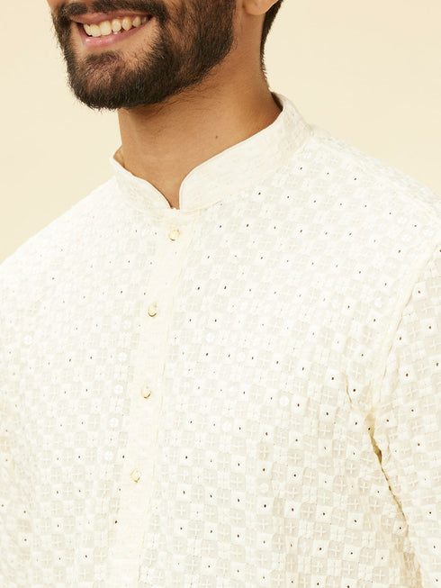 Manyavar Soft White Chikankari Embroidered Sequined Kurta Set