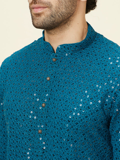 Manyavar Teal Blue Geometric Chikankari Kurta Set