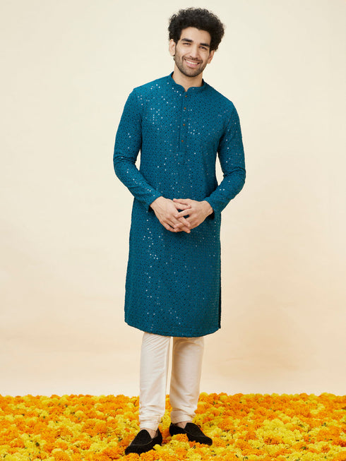 Manyavar Teal Blue Geometric Chikankari Kurta Set