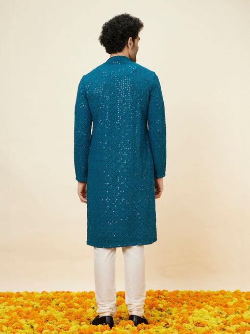 Manyavar Teal Blue Geometric Chikankari Kurta Set