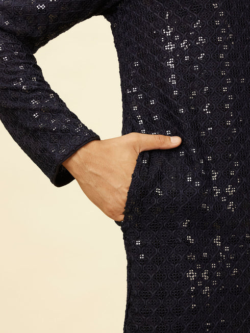 Manyavar Royal Blue Chikankari Embroidered Sequinned Kurta Set