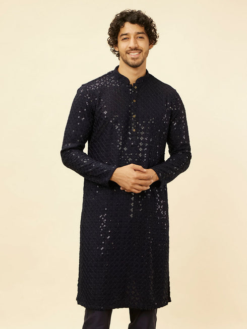 Manyavar Royal Blue Chikankari Embroidered Sequinned Kurta Set