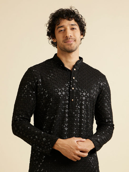 Manyavar Ebony Black Chikankari Embroidered Sequinned Kurta Set