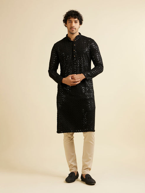 Manyavar Ebony Black Chikankari Embroidered Sequinned Kurta Set