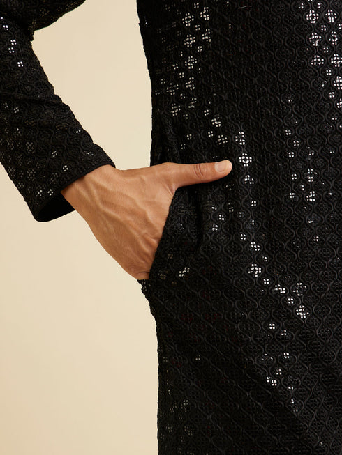 Manyavar Ebony Black Chikankari Embroidered Sequinned Kurta Set