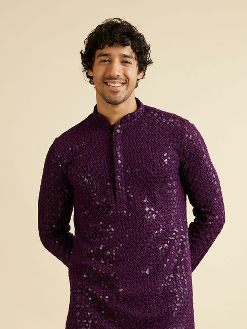 Manyavar Royal Purple Chikankari Embroidered Sequined Kurta Set