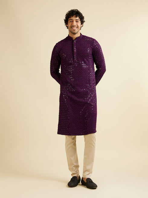 Manyavar Royal Purple Chikankari Embroidered Sequined Kurta Set
