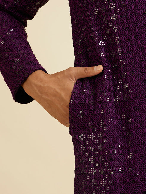 Manyavar Royal Purple Chikankari Embroidered Sequined Kurta Set