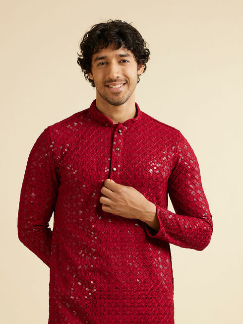 Manyavar Rust Red Chikankari Embroidered Sequinned Kurta Set