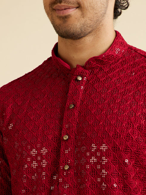 Manyavar Rust Red Chikankari Embroidered Sequinned Kurta Set
