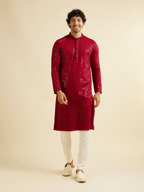 Manyavar Rust Red Chikankari Embroidered Sequinned Kurta Set