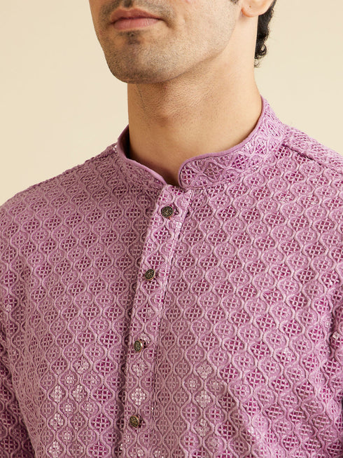 Manyavar Deep Lilac Chikankari Embroidered Sequinned Kurta Set