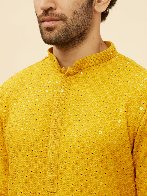 Manyavar Bright Mustard Chikankari Sequinned Kurta Set