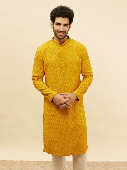 Manyavar Bright Mustard Chikankari Sequinned Kurta Set