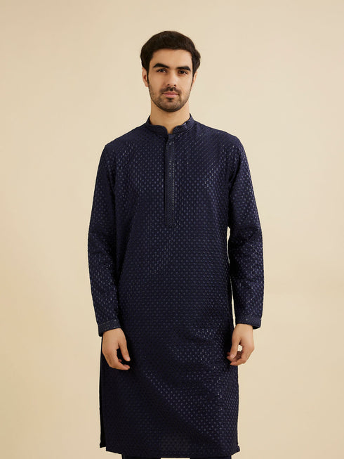 Manyavar Midnight Blue Embroidered Kurta Set With Sequin Work