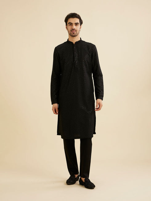 Manyavar Midnight Black Embroidered Kurta Set With Sequin Work