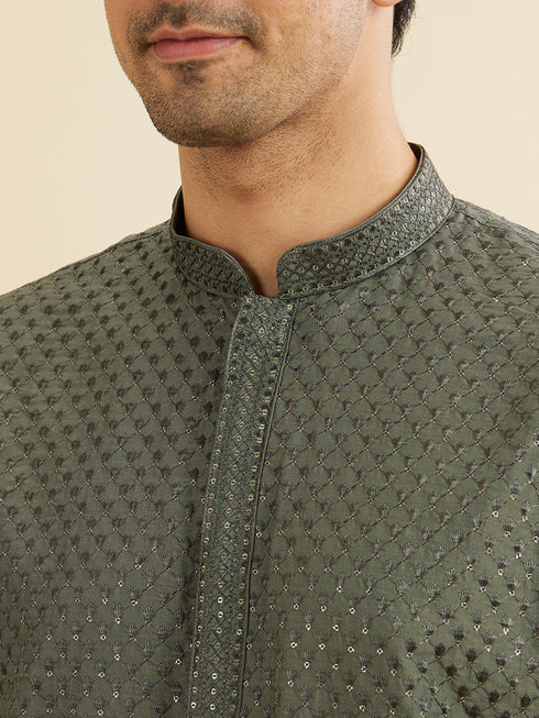 Manyavar Olive Green Embroidered Kurta Set With Sequin Work
