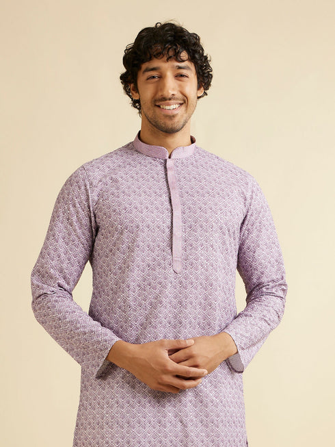 Manyavar Soft Purple Lattice Patterned Chikankari Inspired Kurta Set