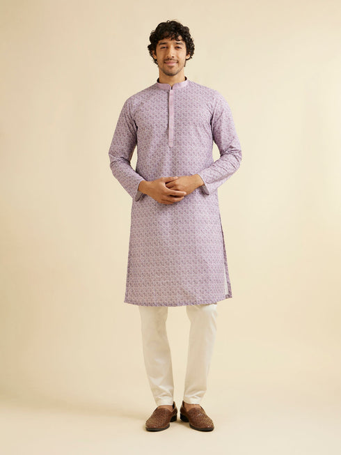 Manyavar Soft Purple Lattice Patterned Chikankari Inspired Kurta Set