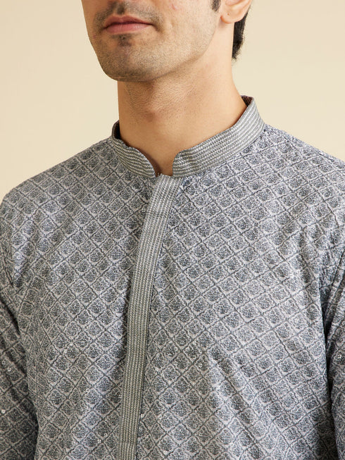 Manyavar Dark Grey Lattice Patterned Chikankari Inspired Kurta Set