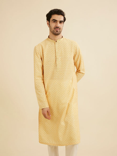 Manyavar Daffodil Yellow Lattice Patterned Chikankari Inspired Kurta Set