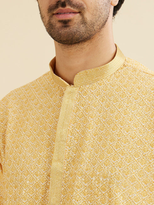 Manyavar Daffodil Yellow Lattice Patterned Chikankari Inspired Kurta Set
