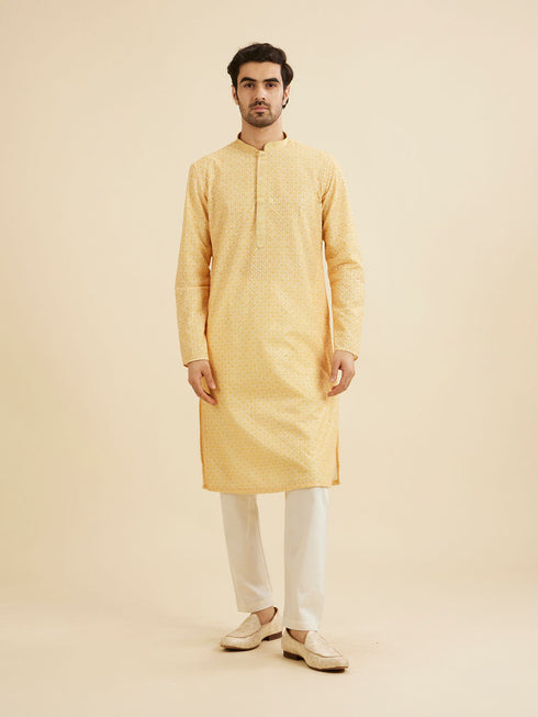 Manyavar Daffodil Yellow Lattice Patterned Chikankari Inspired Kurta Set