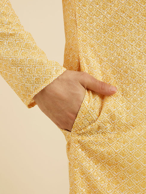 Manyavar Daffodil Yellow Lattice Patterned Chikankari Inspired Kurta Set