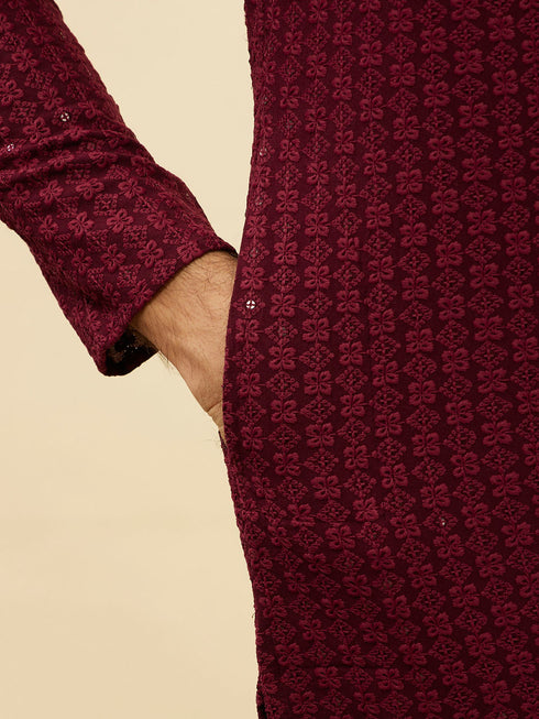 Manyavar Deep Maroon Chikankari Embroidered Sequinned Kurta Set