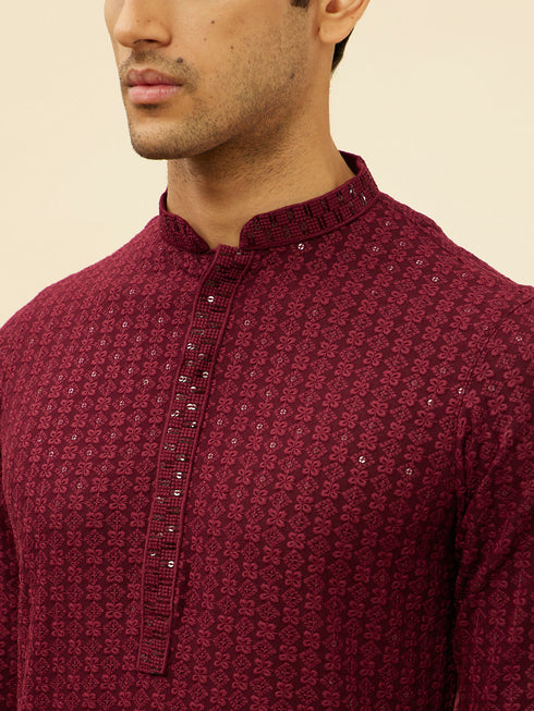 Manyavar Deep Maroon Chikankari Embroidered Sequinned Kurta Set