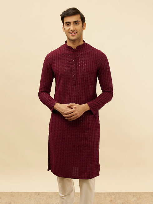 Manyavar Deep Maroon Chikankari Embroidered Sequinned Kurta Set