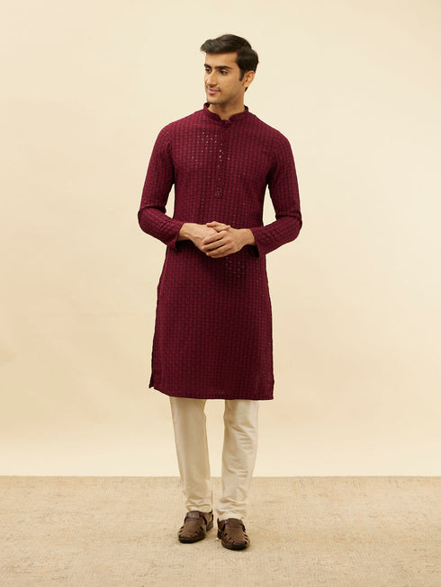 Manyavar Deep Maroon Chikankari Embroidered Sequinned Kurta Set