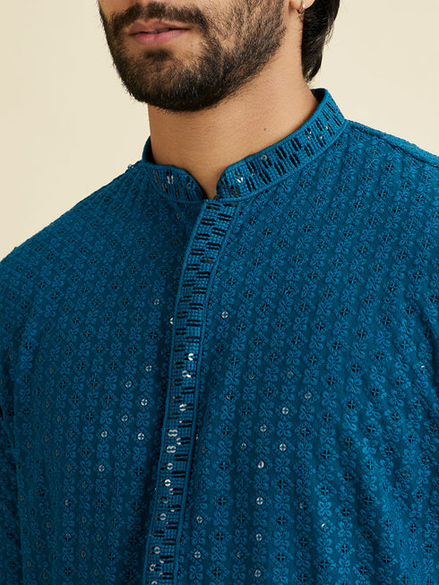 Manyavar Elegant Teal Blue Kurta Pyjama