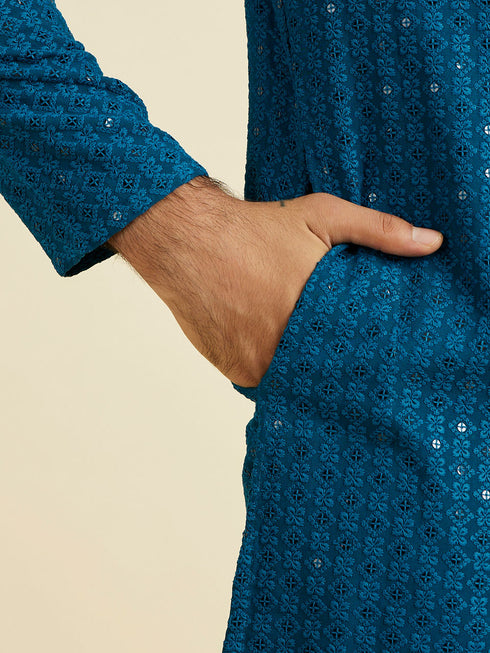 Manyavar Elegant Teal Blue Kurta Pyjama