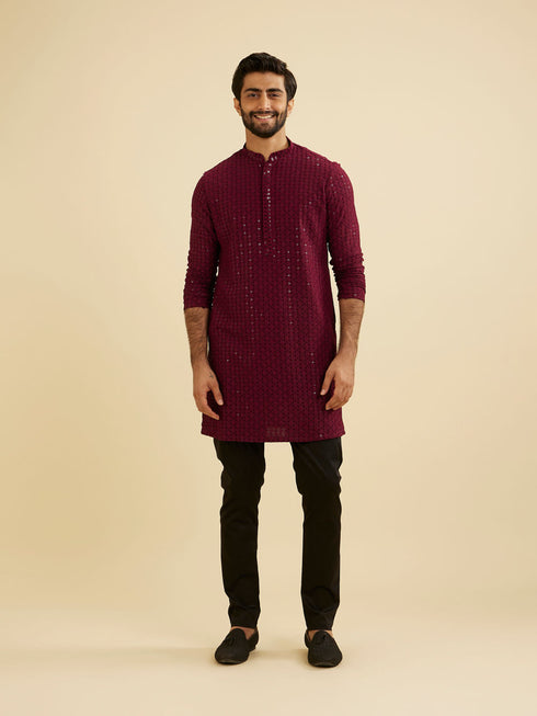 Manyavar Maroon Red Chikankari Sequinned Kurta Set