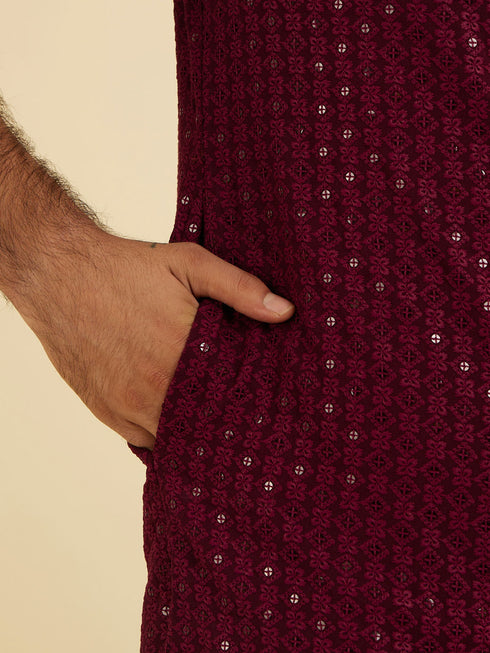 Manyavar Maroon Red Chikankari Sequinned Kurta Set