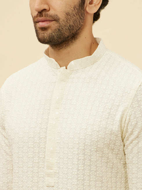 Manyavar Soft Cream Chikankari Sequinned Kurta Set