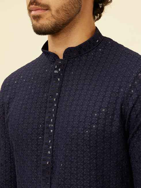 Manyavar Navy Blue Chikankari Sequinned Kurta Set