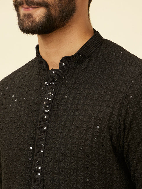 Manyavar Charcoal Black Chikankari Sequinned Kurta Set