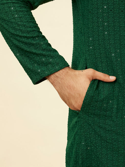 Manyavar Hunter Green Chikankari Sequinned Kurta Set