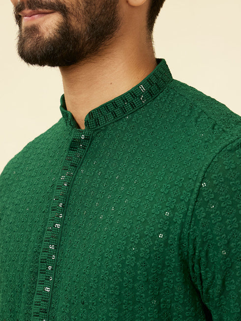 Manyavar Hunter Green Chikankari Sequinned Kurta Set