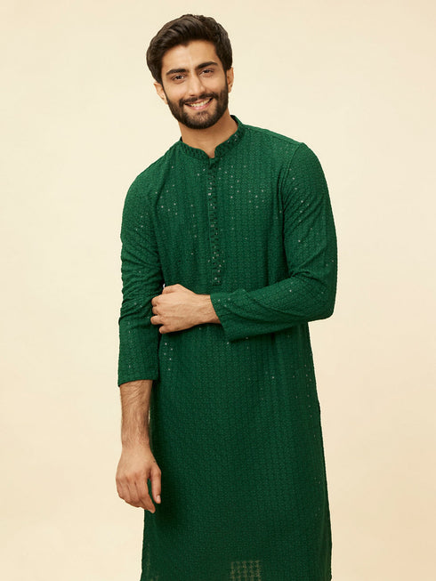 Manyavar Hunter Green Chikankari Sequinned Kurta Set