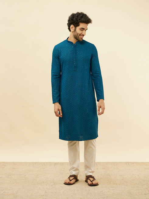 Manyavar Teal Blue Chikankari Embroidered Sequined Kurta Set