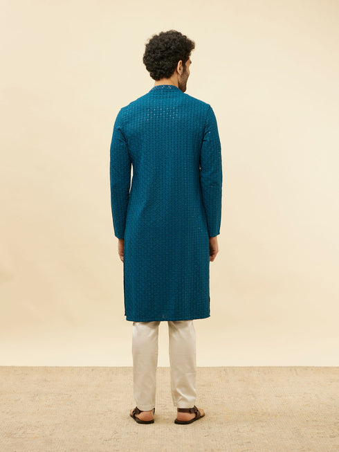 Manyavar Teal Blue Chikankari Embroidered Sequined Kurta Set